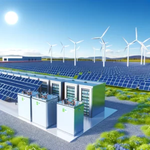 DALL·E 2024-02-26 14.27.00 - A hyper-realistic image showcasing a modern, clean energy storage facility equipped with advanced battery storage units and integrated with renewable